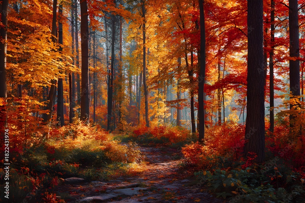 Obraz premium Autumn Forest With Fall Colors Enhanced By Morning Light Seasonal Woodland Scene Golden Foliage