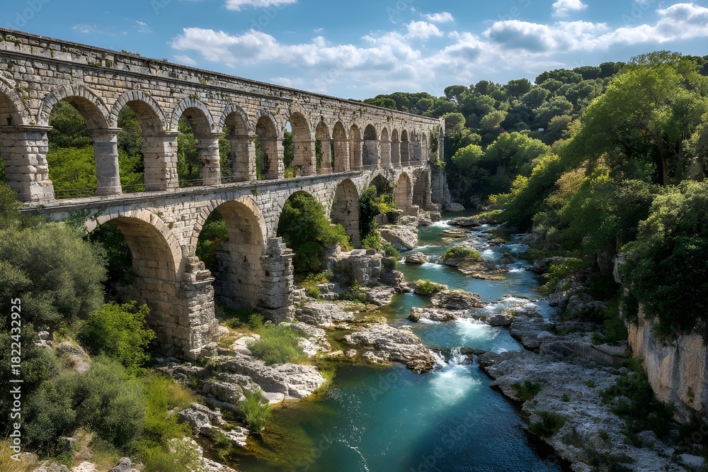 Fototapeta premium Ancient Roman Aqueduct Bridge with Multiple Tiers in Landscape for Classical Engineering and Historic Architecture