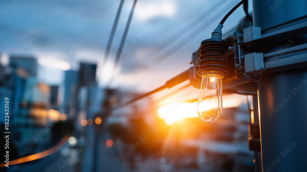Fototapeta premium High power electricity poles in urban area connected to smart grid defocused city background energy supply distribution transmitting power concept high voltage infrastructure