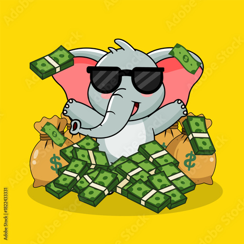Cute Wealthy Elephant with Stacks of Money Vector Illustration Cartoon Kawaii Design