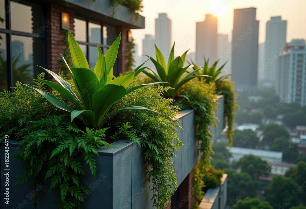 Fototapeta premium Lush Rooftop Vertical Planting on Modern High-rise Building Urban Retreat