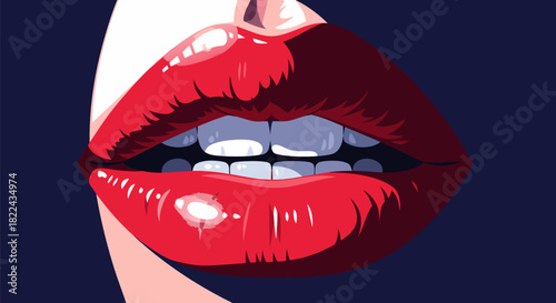 Vibrant Vector Illustration of Alluring Red Lips with Glossy Shine and Detailed Teeth, Emphasizing Modern Beauty and Style