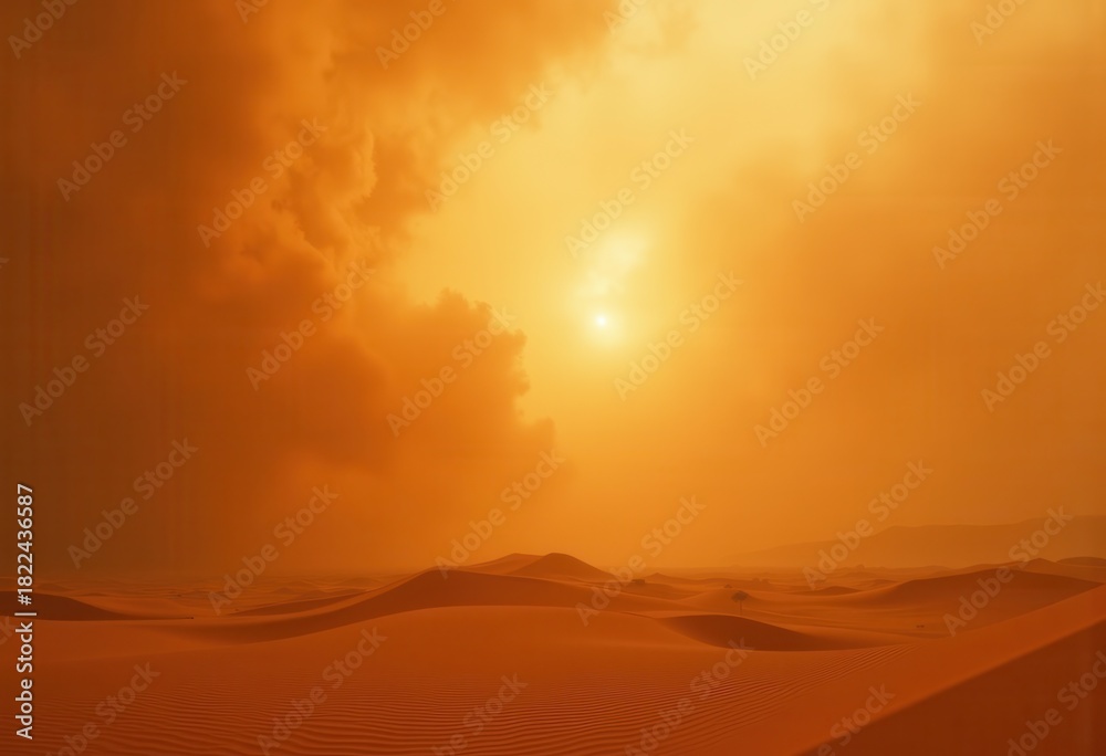 Fototapeta premium Dramatic Sandstorm Dust Cloud Reshaping Vast Desert Plains Under Eerie Orange Horizon