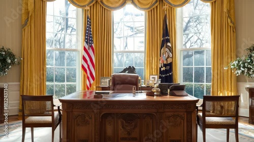 oval office interior presidential desk american flags classic white house workspace washington government room politics usa