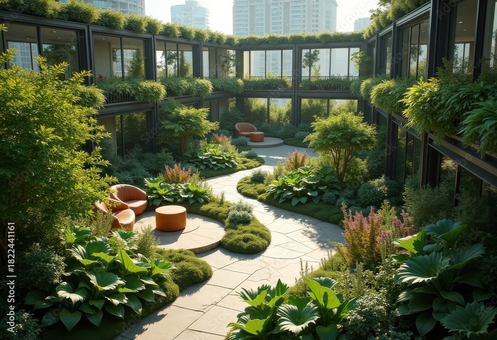 Obraz premium Vibrant Green Roof Garden Urban Oasis Lush Flora Sustainable Ecology Sky Garden Nature Balance