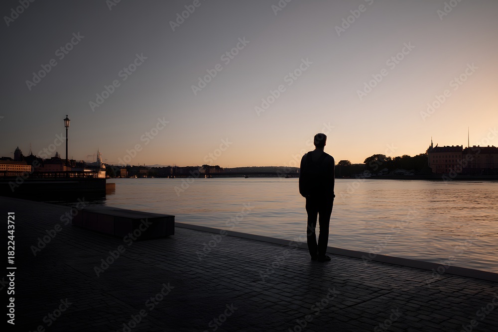 Fototapeta premium Man standing at waterfront watching cityscape at sunset in stockholm, sweden