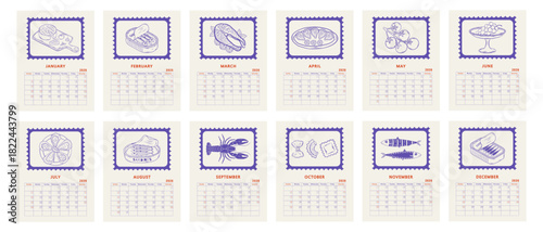 2026 monthly calendar template set. Vintage Italian stamps with sardines, lobster, tomatoes, oysters, lemons. Amalfi coast and Mediterranean vacation. Vector.