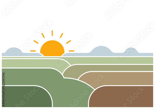 Abstract landscape illustration with sunrise and rolling hills  
