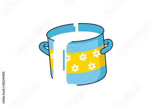 Blue milk bucket with yellow floral design spilling milk  