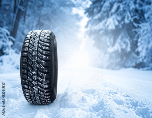 Summer tires on a road winter wheel off. Change a car seasonal tyre summer forest road with trees background. Change for winter tire. Banner Selling off. Or Background automechanic