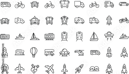 Transportation icons, editable stroke, vehicle sketch, travel outline, black and white, vector illustration