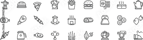 Food and kitchen icons, editable stroke, cooking sketch, appliance outline, black and white, vector illustration