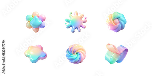 Soft pastel 3D abstract blobs isolated on white background iridescent rainbow swirls smooth rounded shapes dreamy fluid forms glossy gradient colorful organic icons