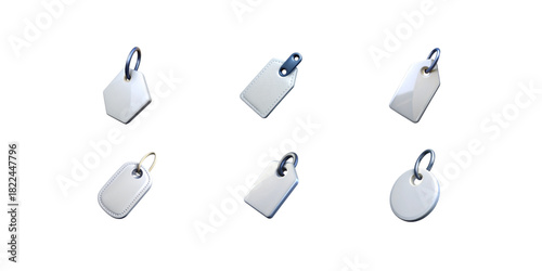 Clean white 3D shopping tag icons isolated on white background minimal rectangular and circular tags with dark loops simple glossy ecommerce label set