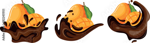 set of icons with ripe juicy mangoes in various splashes of melted dark chocolate, for thematic printing, social networks or web design