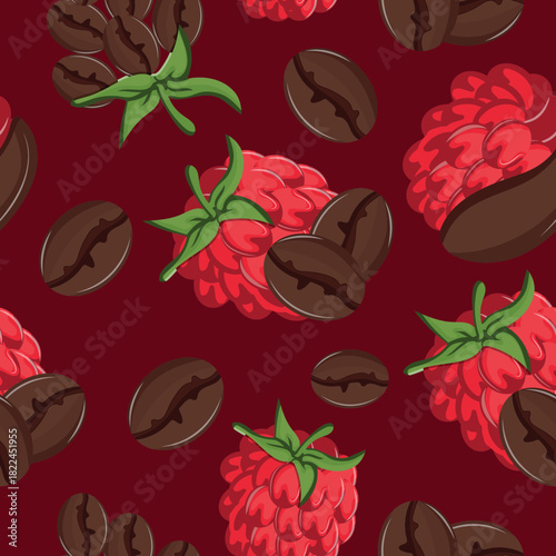 seamless pattern on the theme of different coffee flavors, namely a combination of coffee and ripe pink raspberry fruits with a green tail on a pink background