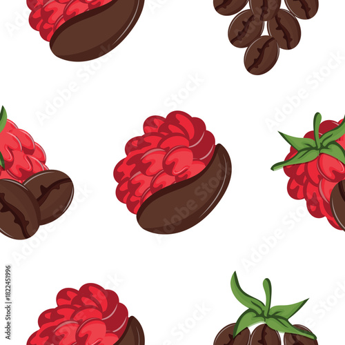 pattern on the theme of different coffee flavors, namely a combination of coffee and ripe pink raspberry fruits with a green tail on a white background