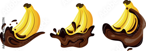 set of icons of yellow and ripe bananas in various splashes of melted dark chocolate, for thematic printing, social networks or web design
