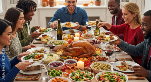 Joyful friends celebrate Thanksgiving with a delicious feast, sharing laughter and gratitude around a table filled with traditional holiday dishes