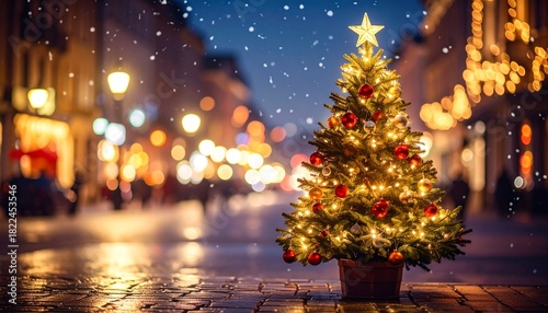 Christmas tree with garland lights. Evening city with blurred background and bright lights.