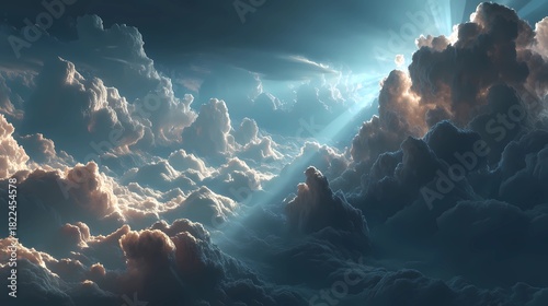 Mysterious light and rays break through a tumultuous, epic cloudscape