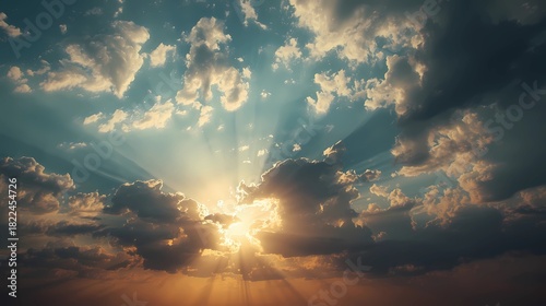 Powerful light creates spectacular rays over a golden hour sky
