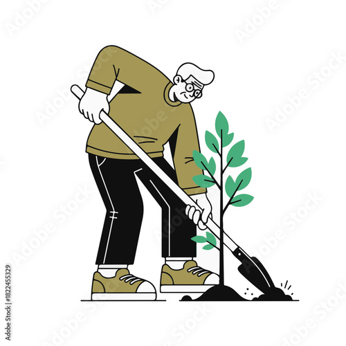 Man planting a sapling with a shovel. Vector illustration of gardening and environmental conservation. Minimalist line art character for ecology and growth concepts