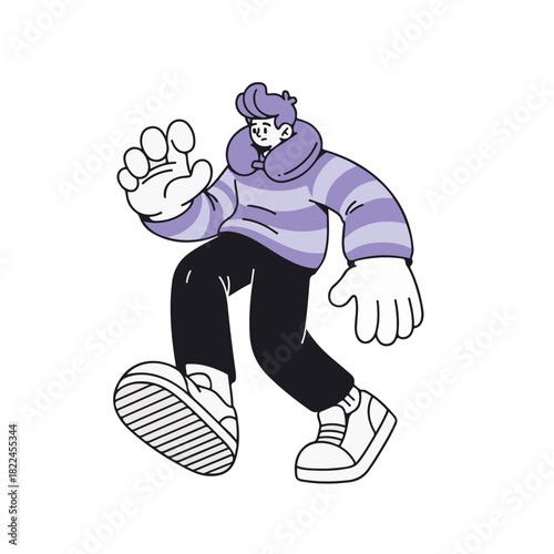 A modern cartoon character illustration of a walking man. Stylized doodle vector of a cool person in a hoodie and streetwear. Isolated graphic element for stickers and print.