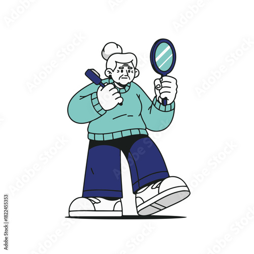 Cartoon illustration of a senior woman with a mirror and makeup brush. Vector graphic of an elderly person's beauty routine. Modern character design for self-care and aging concepts