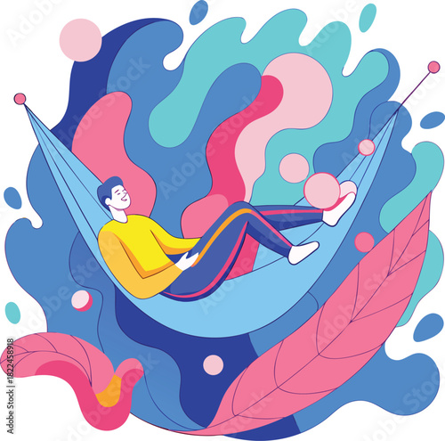 Person relaxing in a hammock with flowing fluid elements