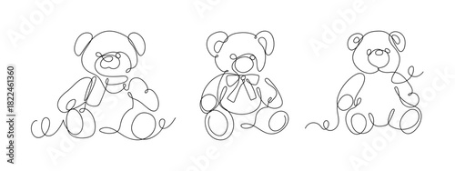 Set of teddy bears in one continuous line vector drawing. Editable stroke.
