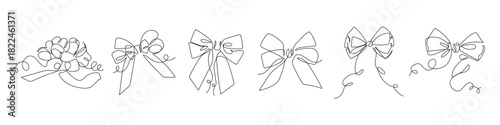Set of ribbon bows in one continuous line vector drawing. Editable stroke.