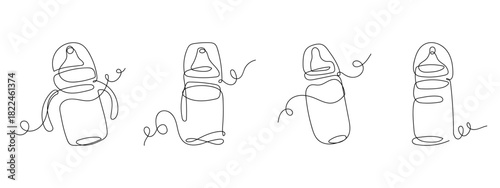Set of baby bottles in one continuous line vector drawing. Editable stroke.
