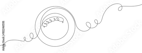 Sausages on a plate, in one continuous line. vector drawing. Editable stroke.