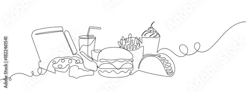 Fast food, hamburgers, cola, pizza, fried chicken, tacos in one continuous line. vector drawing. Editable stroke.