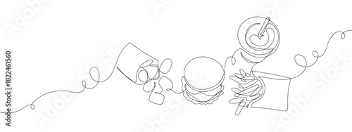 Fast food, nuggets, hamburgers, cola in one continuous line. vector drawing. Editable stroke.