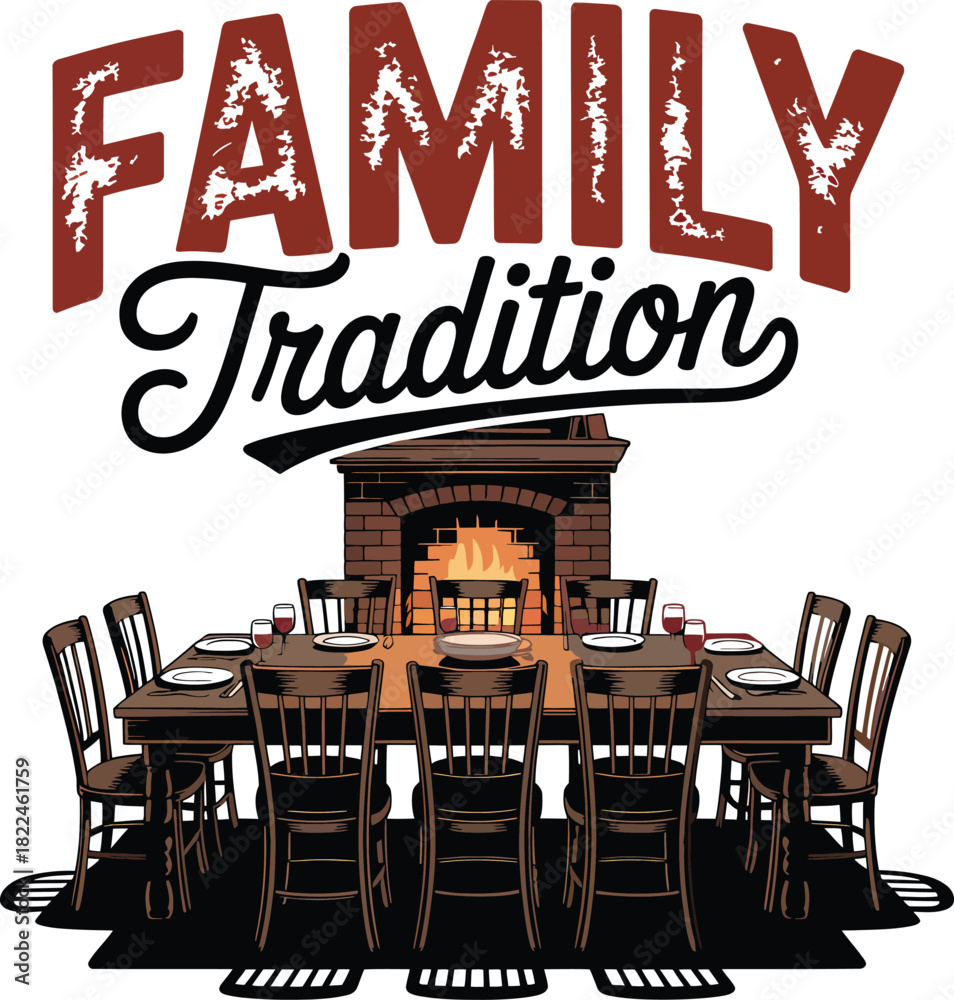 Naklejka premium Family tradition dinner table with fireplace and chairs in transparent background vector illustration