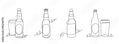 Set of beer bottles and beer glasses in one continuous line. vector drawing. Editable stroke.