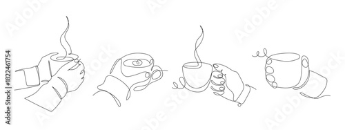 Set of hands holding a coffee cup in one continuous line. vector drawing. Editable stroke.