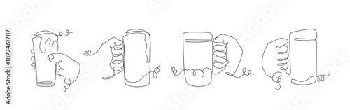 Set of hands holding beer glasses in one continuous line. vector drawing. Editable stroke.