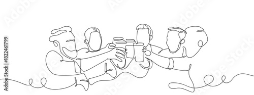 A group of people clinking glasses of beer in celebration in one continuous line. vector drawing. Editable stroke.