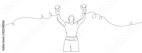 Boxers raise their hands to celebrate victory in one continuous round. vector drawing. Editable stroke.