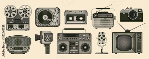 A set of an isolated retro electronic devices in grayscale color mode. Vector illustration.