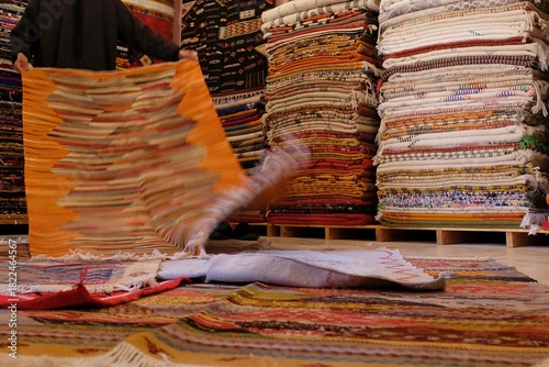 Beautiful berber carpets in moroccan market.	
