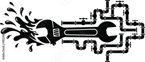 Plumbing banner concept with a central wrench silhouette
