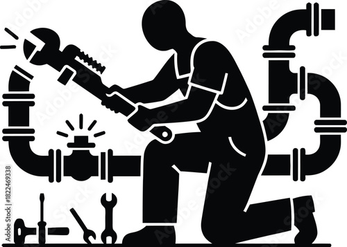 Mechanic joining pipes with a wrench, vector silhouette.