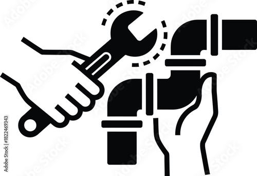 Plumber screwing plumbing fittings with a wrench icon