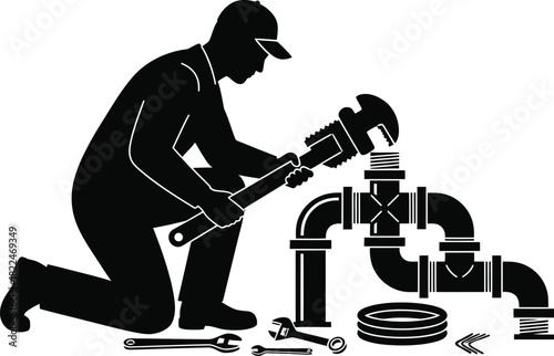 Mechanic joining pipes with a wrench, vector silhouette.