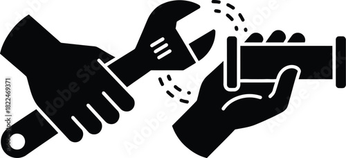 Plumber screwing plumbing fittings with a wrench icon