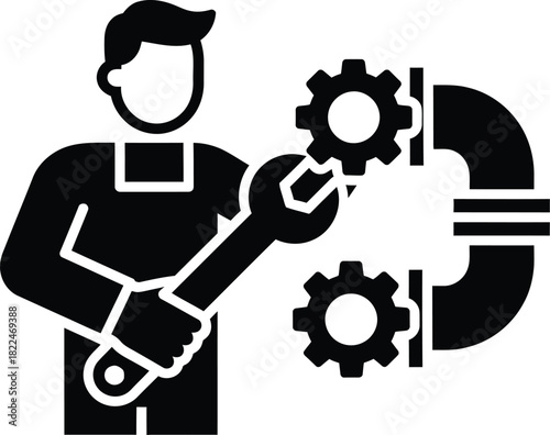 Mechanic joining pipes with a wrench, flat icon